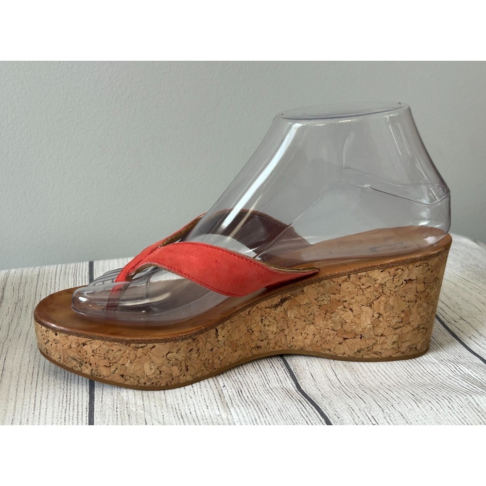 K Jacques St Tropez Diorite Sandals 8 Red Leather Cork Wedge Thong Slip On Boho - Picture 6 of 13